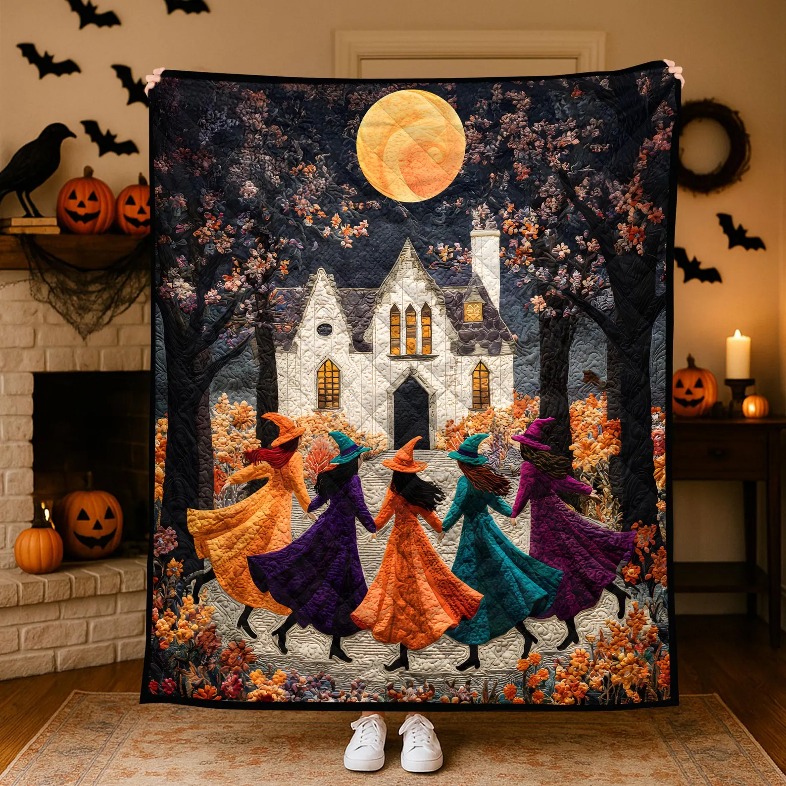 Halloween Witch Quilt Blanket, Colorful Witches Dancing Under Full Moon, Autumn Haunted House Throw, Spooky Fall Home Decor, Halloween Gift