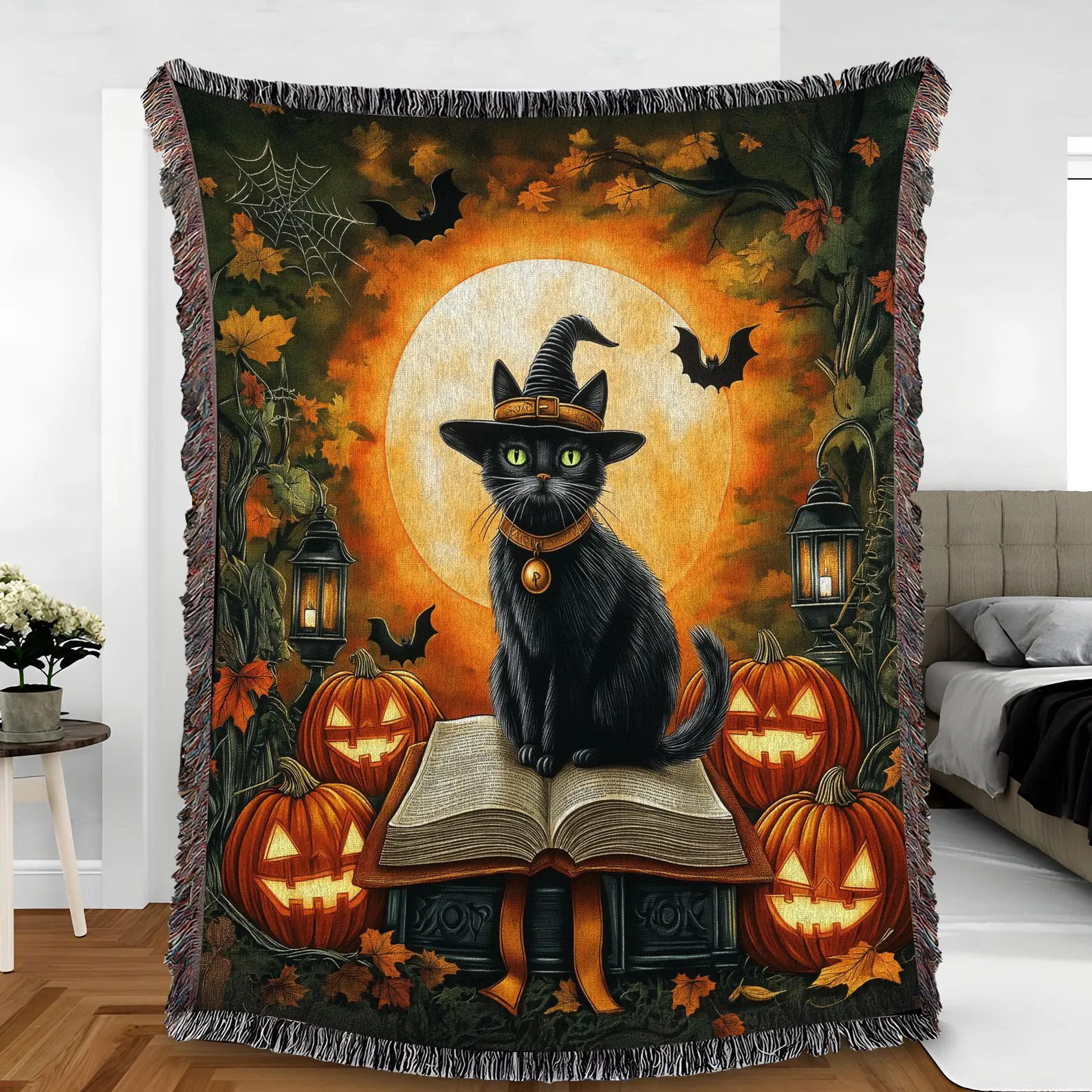 Halloween Woven Blanket Black Cat Witch with Spellbook Pumpkins and Full Moon Fall Throw Blanket Spooky Gothic Cozy Decor for Home