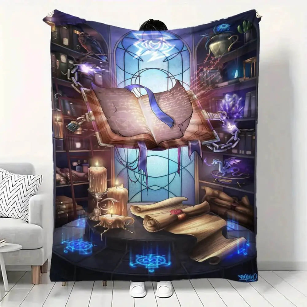 Futuristic book with glowing elements on a blanket, displayed in a room