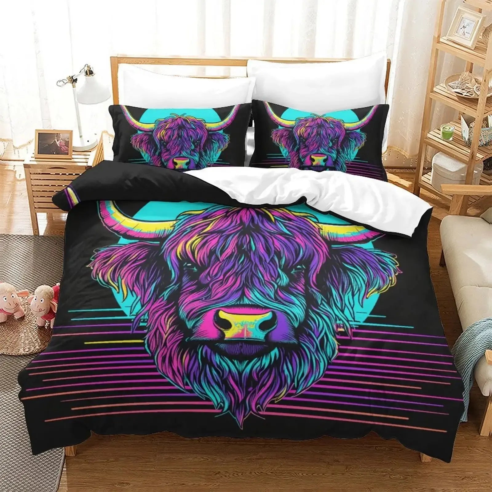 Neon Highland Cow 3D Duvet Cover