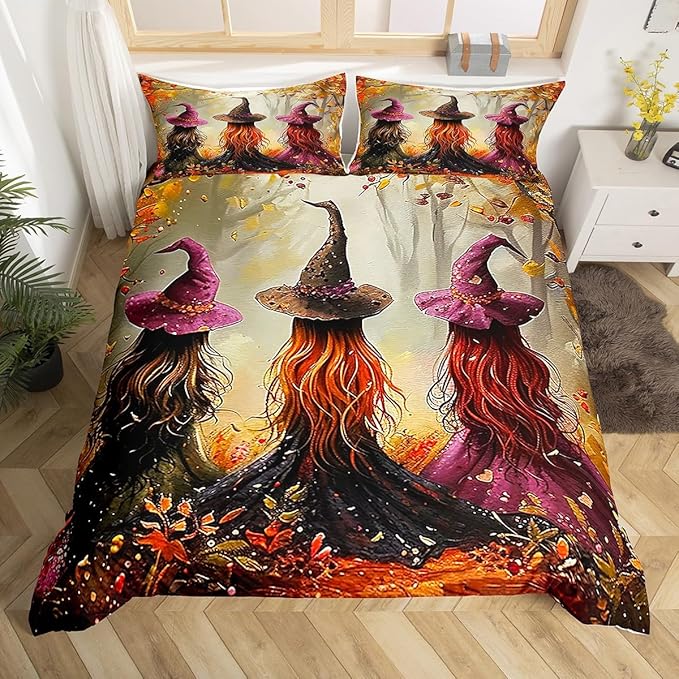 Horror Halloween Decor Duvet Cover Three Witches in The Forest Bedding Set Queen Size Vintage Halloween Decor Comforter Cover Halloween Witch Decor Autumn Fall Leaves Bed Set
