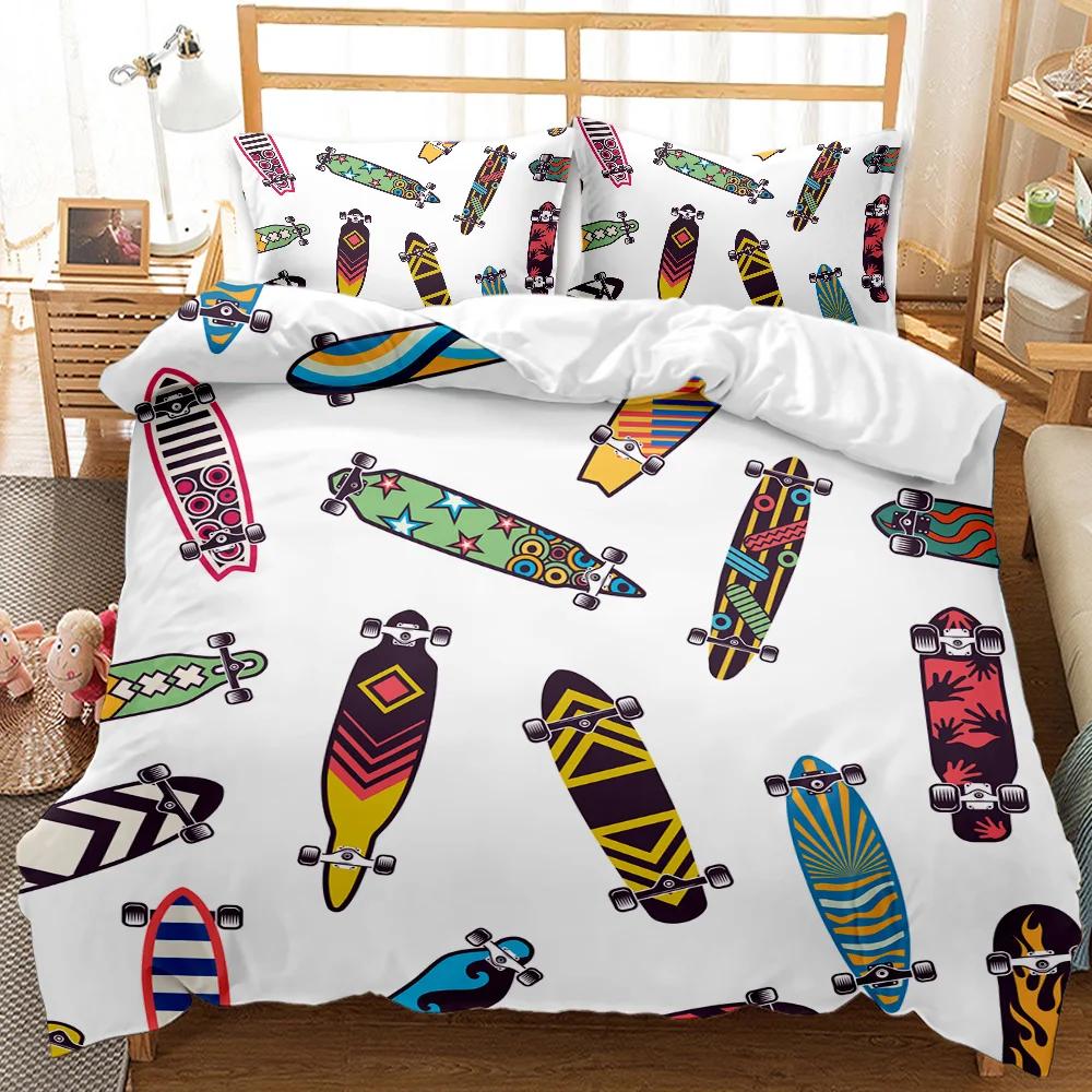 Bedding set with colorful skateboard designs on a bed in a bedroom.