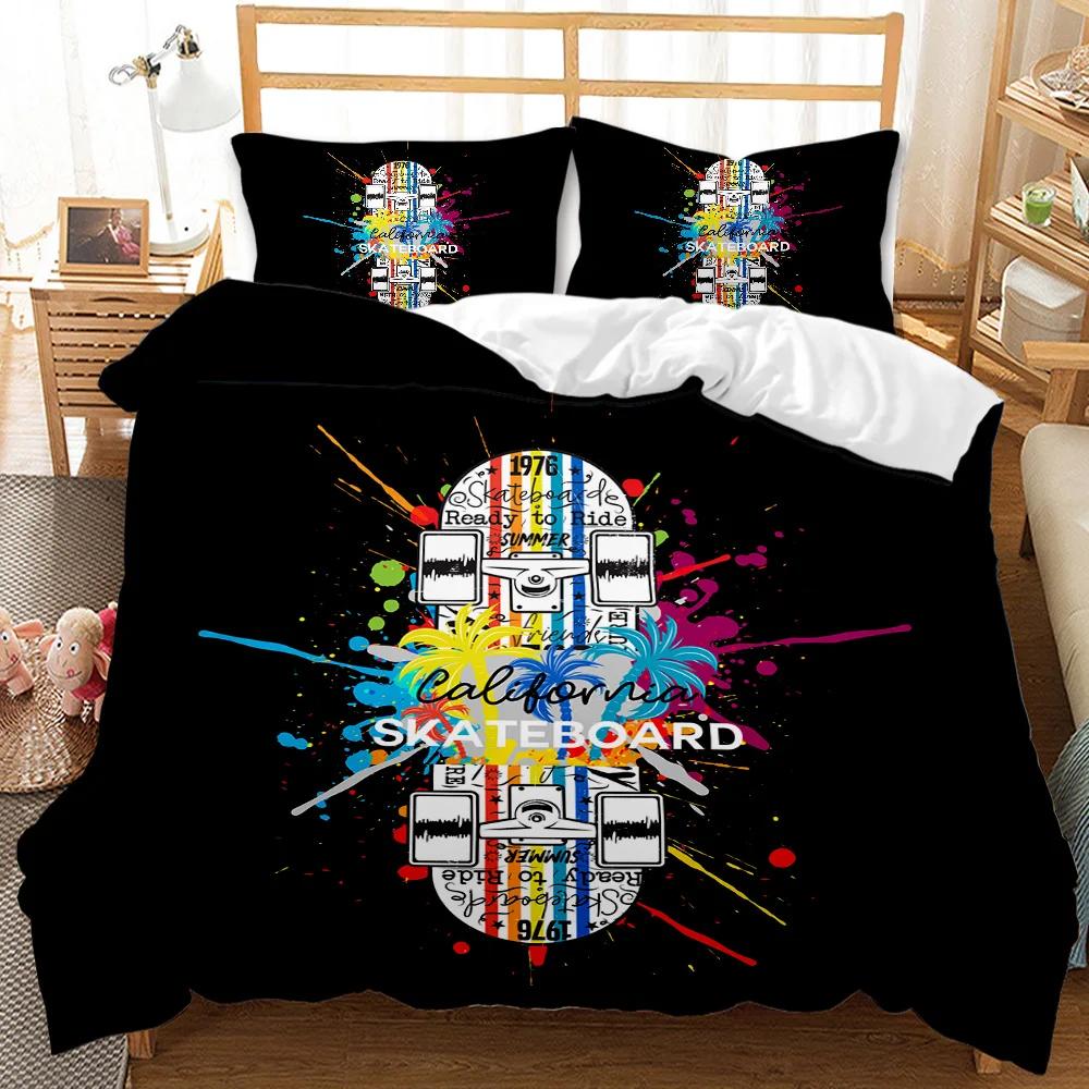 Black bedspread with colorful 'California Skateboard' design on a bed in a bedroom.