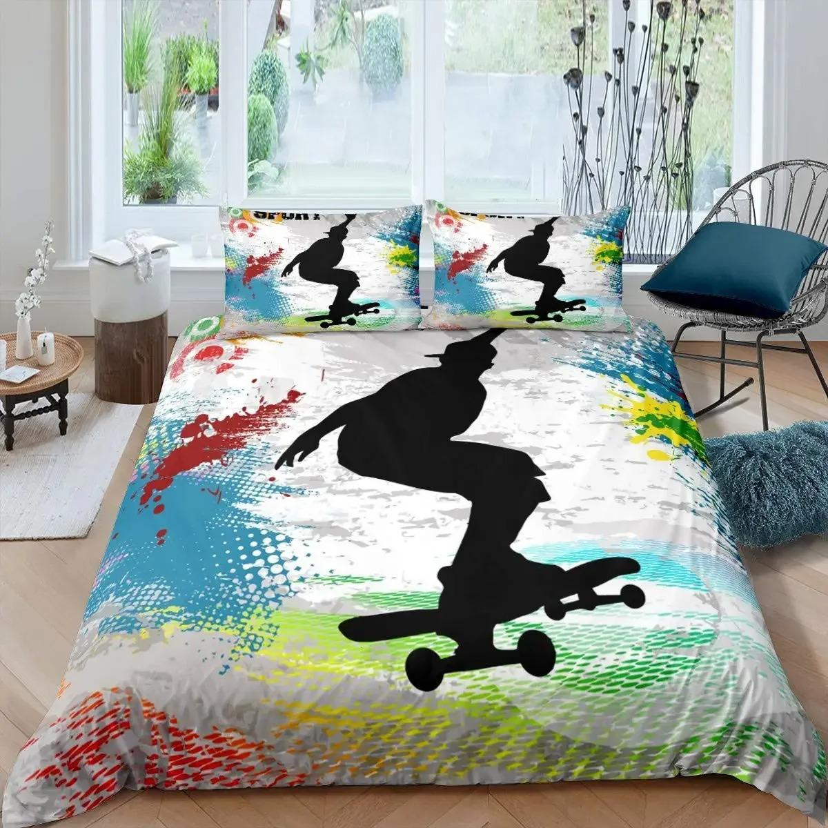 Colorful bedding set with skateboarder design in a bedroom
