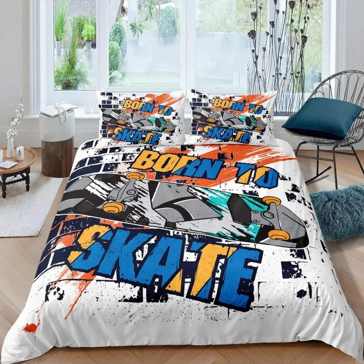 Bedding set with 'Born to Skate' design in a bedroom setting