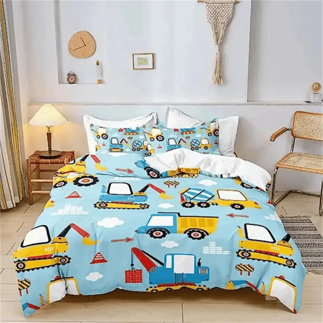 Kids construction truck quilt cover with colorful trucks, diggers, and cranes – soft, breathable bedding set for boys and toddlers
