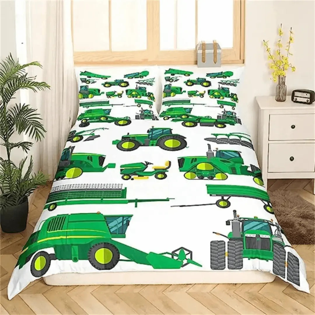 Soft children’s quilt cover featuring colorful construction trucks