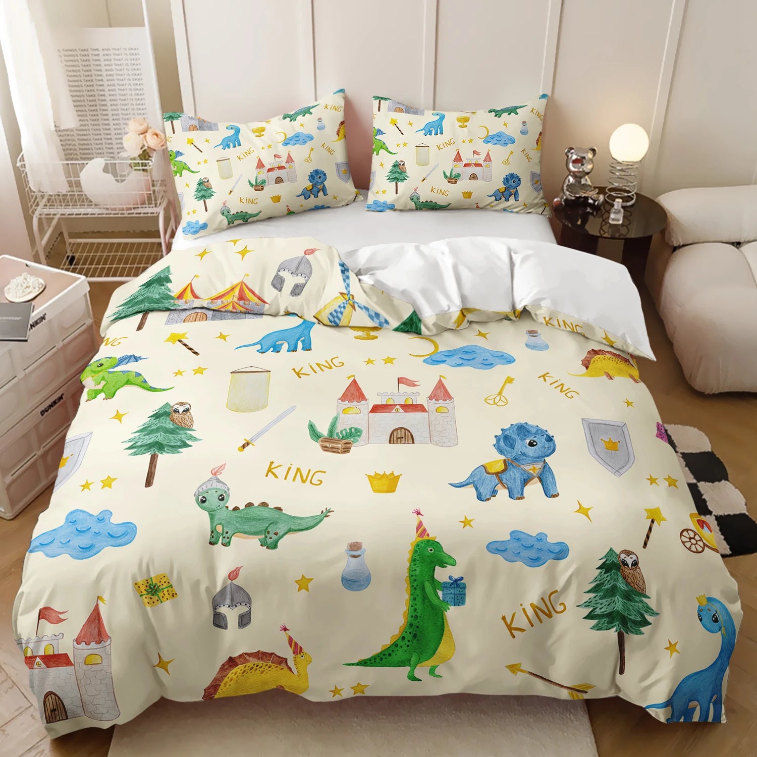 microfiber polyester kids bedding printed with colorful cartoon dinosaurs, castles, stars,