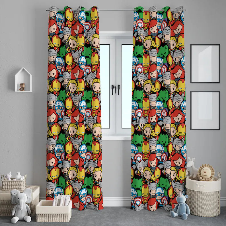 Colorful superhero-themed comic style curtains kids bedroom