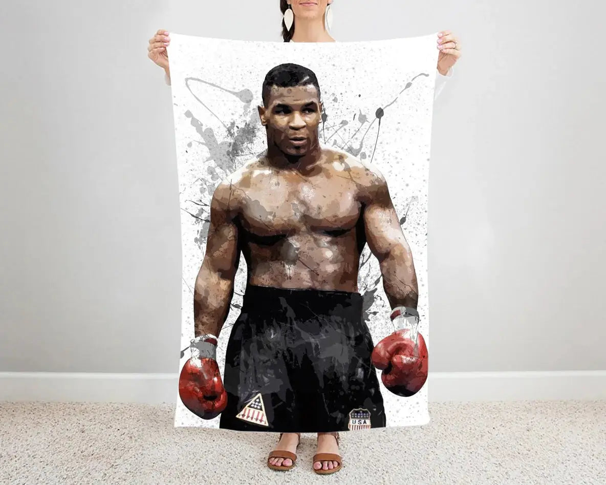 Mike Tyson splash effect flannel blanket featuring bold boxing legend graphics, ultra-soft warm fabric, and dynamic design perfect for boxing fans’ bedding or sofa throw