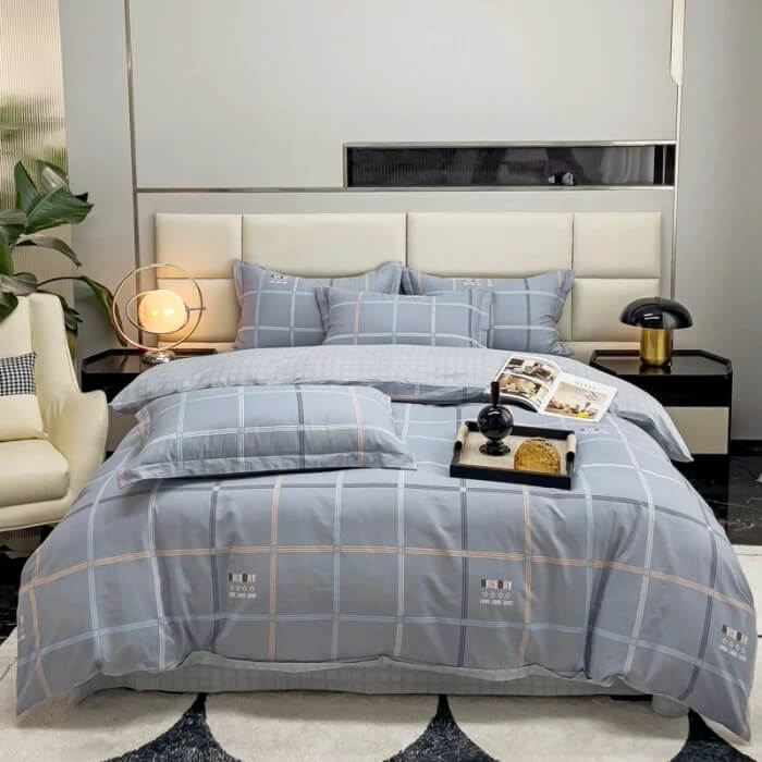 Gray plaid bedding set in a modern bedroom.