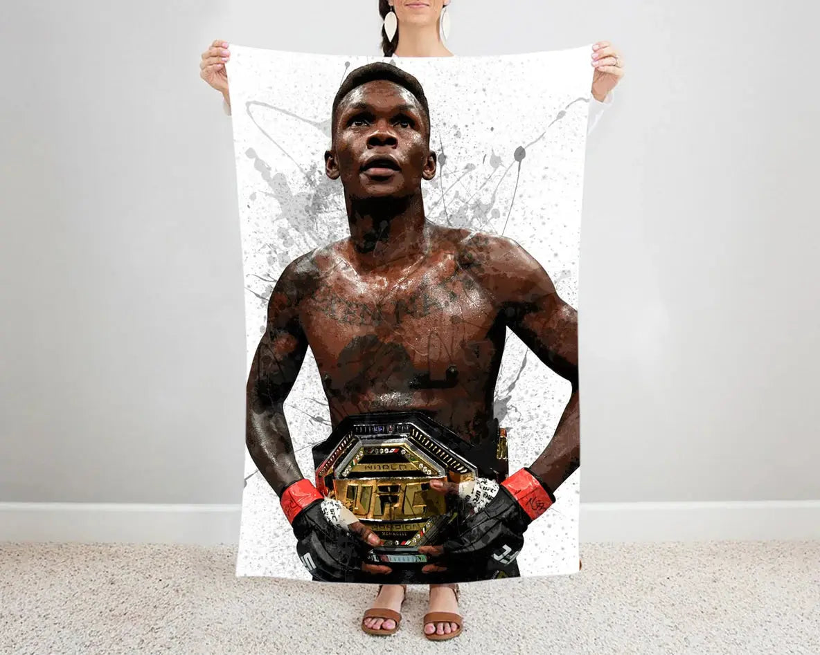 Israel Adesanya splash effect flannel blanket featuring bold UFC fighter graphics, ultra-soft warm fabric, and vibrant martial arts design perfect for MMA fans’ bedding or sofa decor