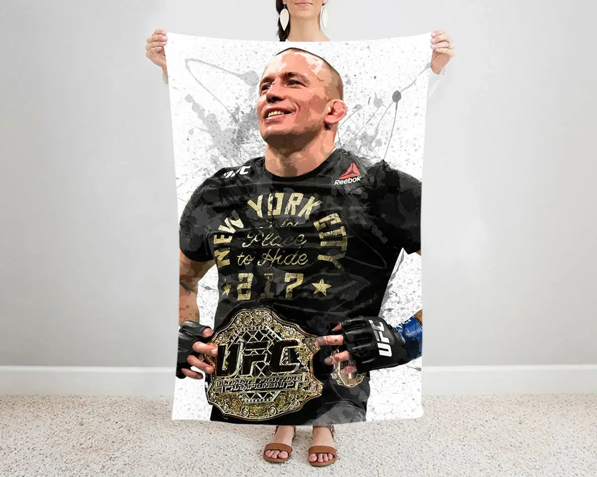 Georges St-Pierre splash effect flannel blanket with bold UFC-themed fighter artwork, soft and warm fabric, perfect for MMA fan bedding, sofa throws, or gift ideas
