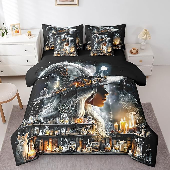 Magic Potion Bookcase Bed Set for Boys Girls Kids,Gothic Moon Galaxy Bed in a Bag Bedding Set with ,Pillowcases,Pillow Covers,Twin
