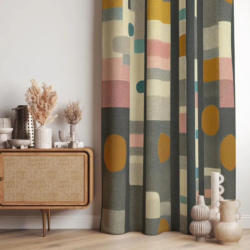 Mid Century Modern Curtains, Abstract Geometric Window Panels, Retro Chic Curtain Drapes, Boho Minimalist Panel Curtains