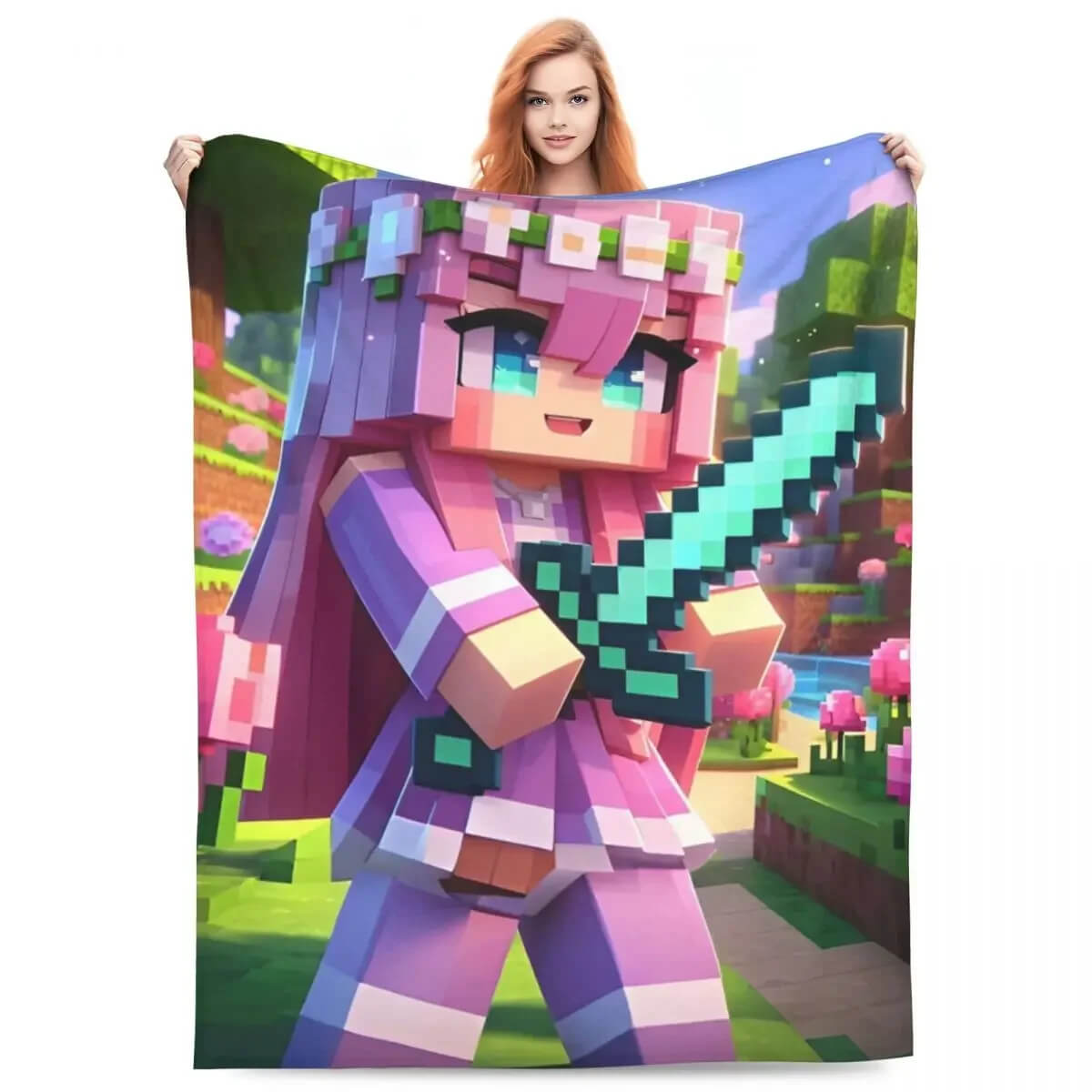 Minecraft pixel block blanket on sofa