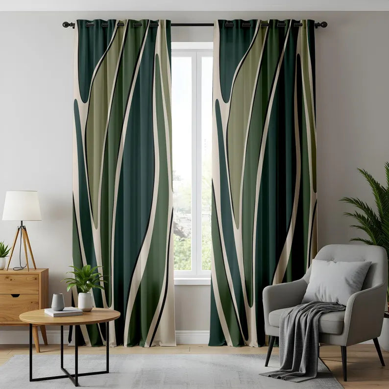 Modern Abstract Green Curtains, Leaf Pattern Window Drapes, Minimalist Botanical Home Decor, Nature-Inspired Curtains for Living Room