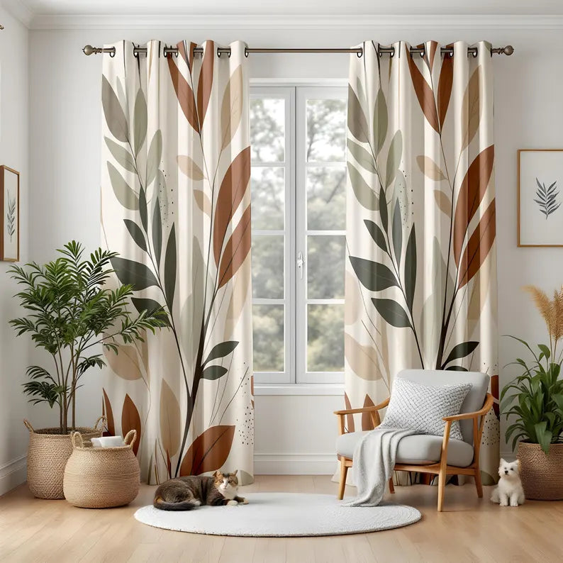 Modern Leaf Pattern Living Room Curtains, Neutral Botanical Window Drapes, Fall Tones Nature Decor, Boho Earthy Curtain Panels