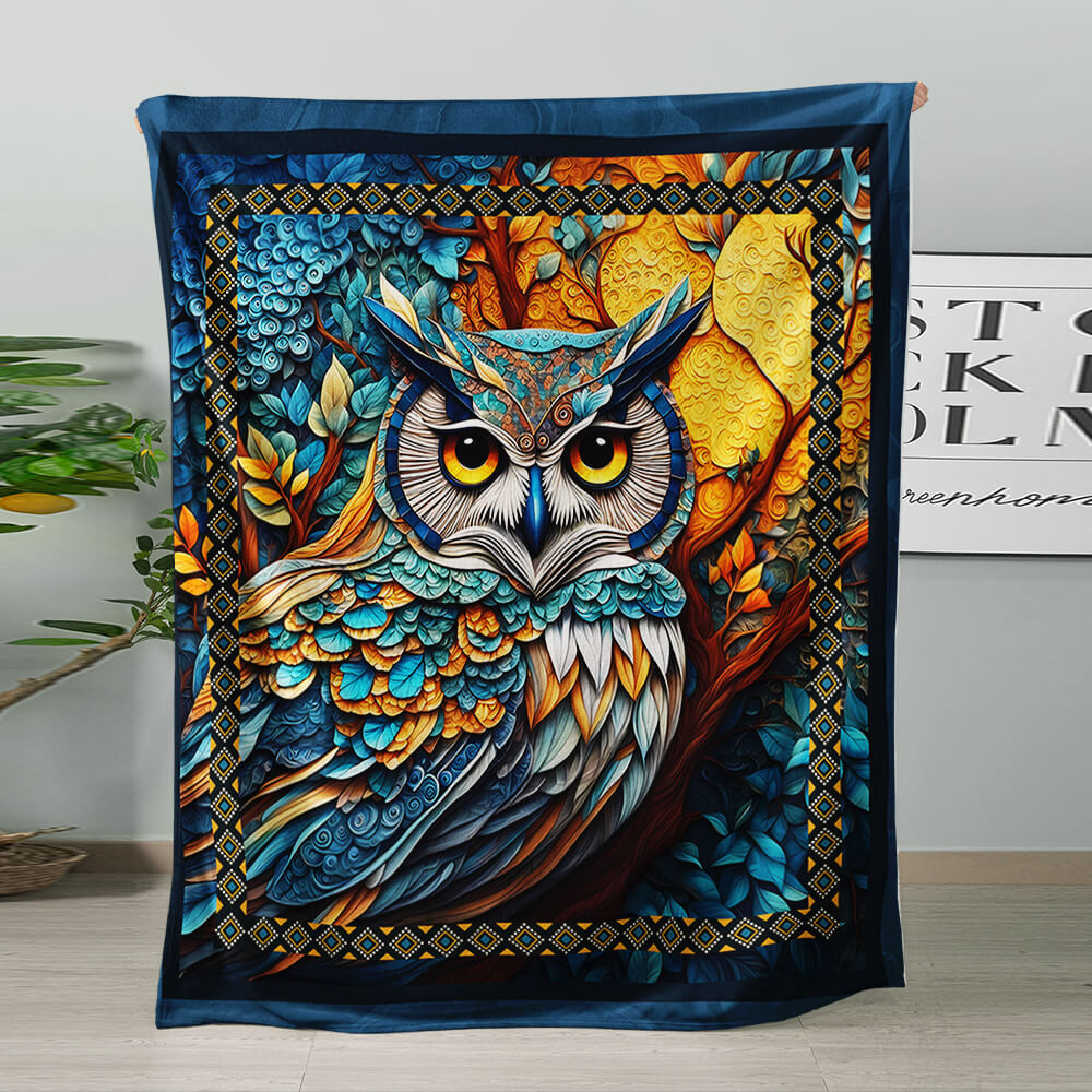 Owl flannel blanket featuring enchanting woodland art