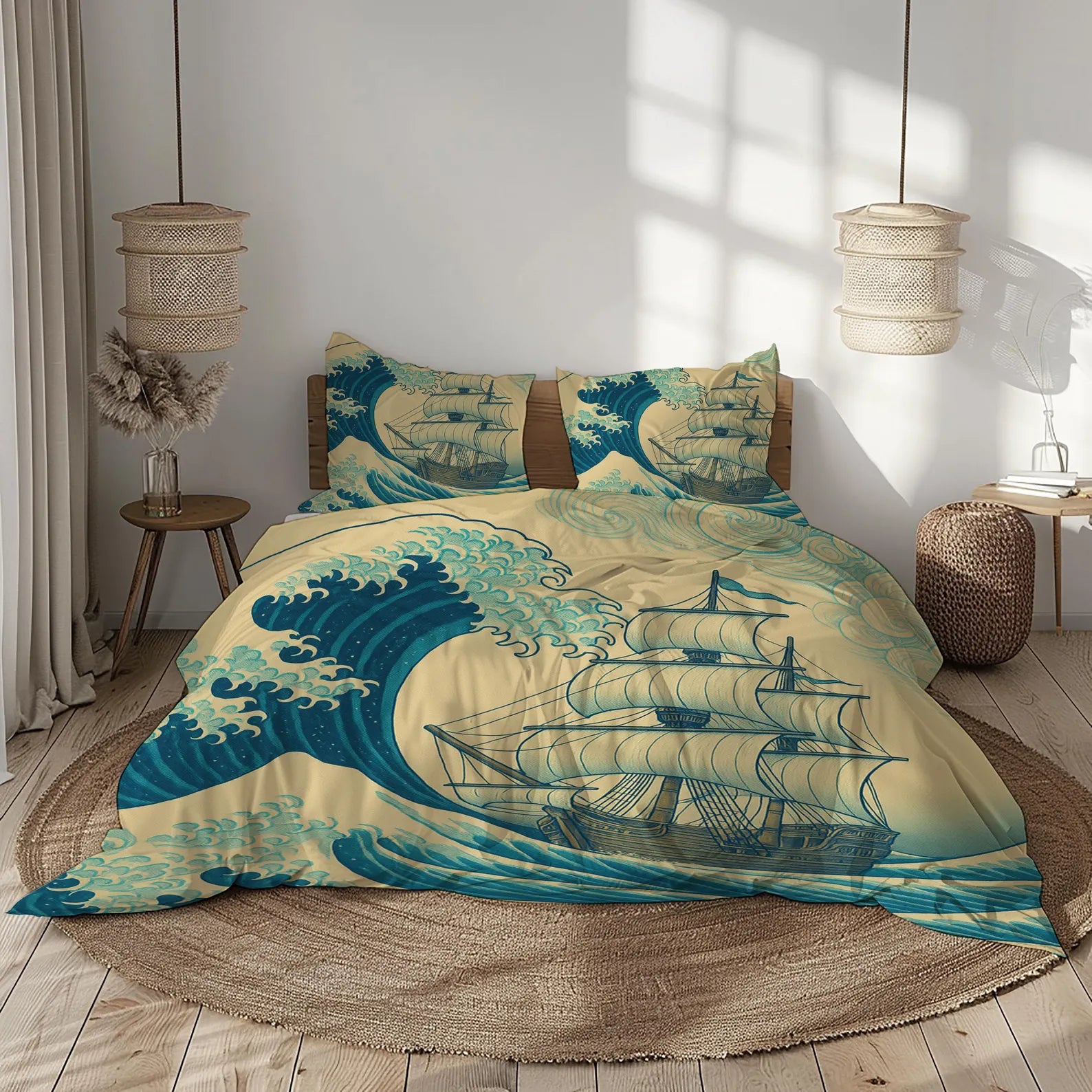 Nautical bedding gift idea for sailing and ocean enthusiasts Floating sailboat design on nautical ocean waves bedding