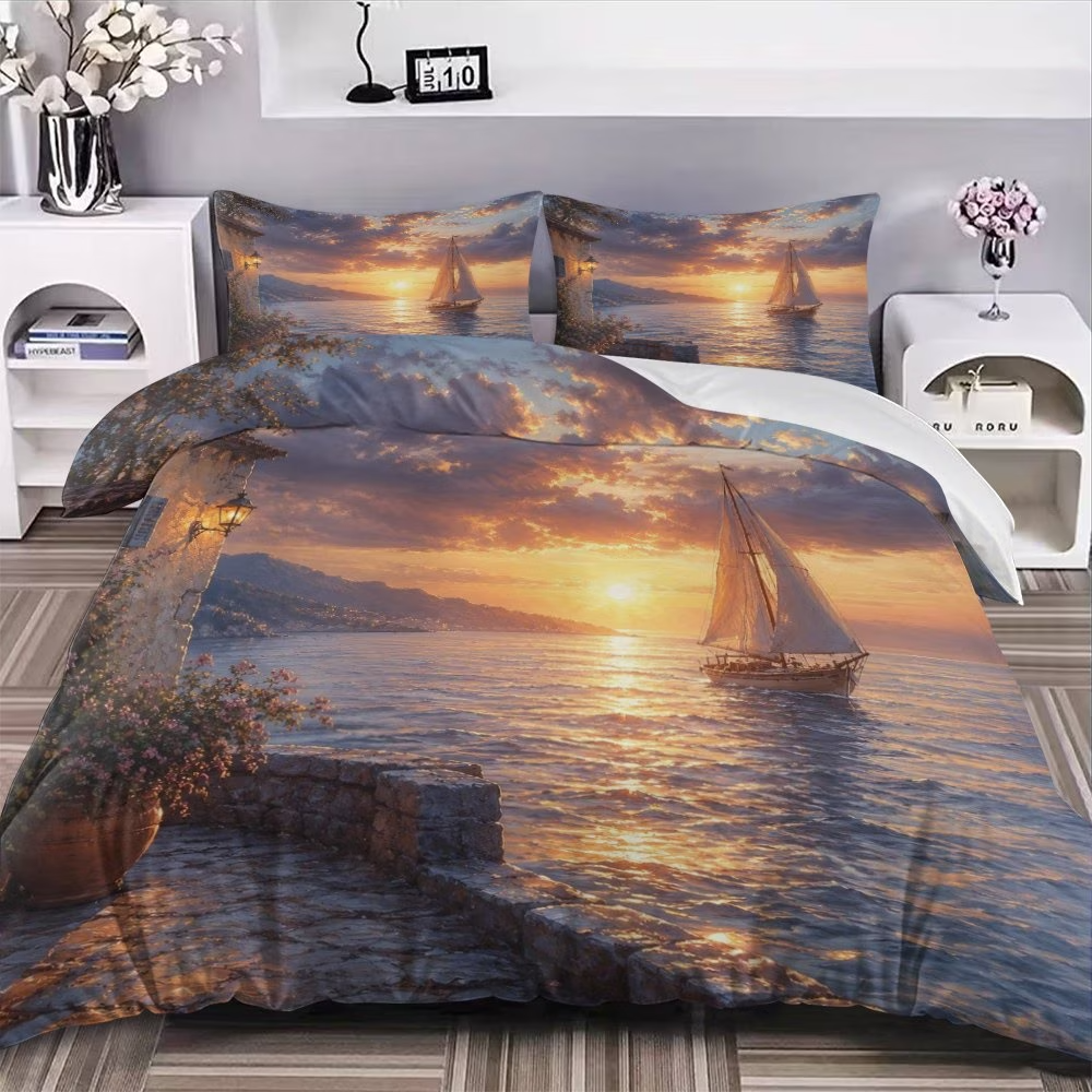 Sailing boat ocean quilt cover set in navy blue sunset style