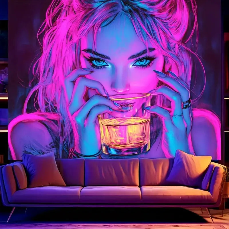 Neon girl sipping drink with glowing lounge aesthetic and nightlife-inspired tones