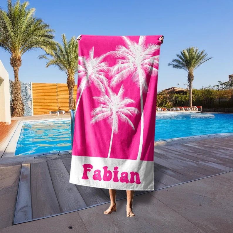 Palm Tree Personalized Beach Towel, Custom Oversize Bath Towel With Name, Pool Towel For Baby/Kids/Adults, Outsides Birthday Vacation Gift