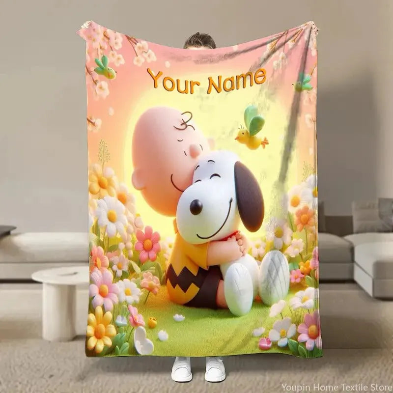 Personalized Snoopy Blanket with Custom Name on Kids Bed