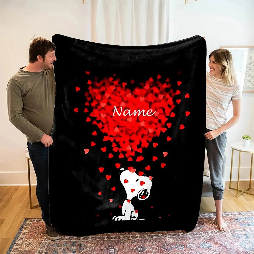 Custom Name Snoopy Cartoon Blanket on a Toddler Bed