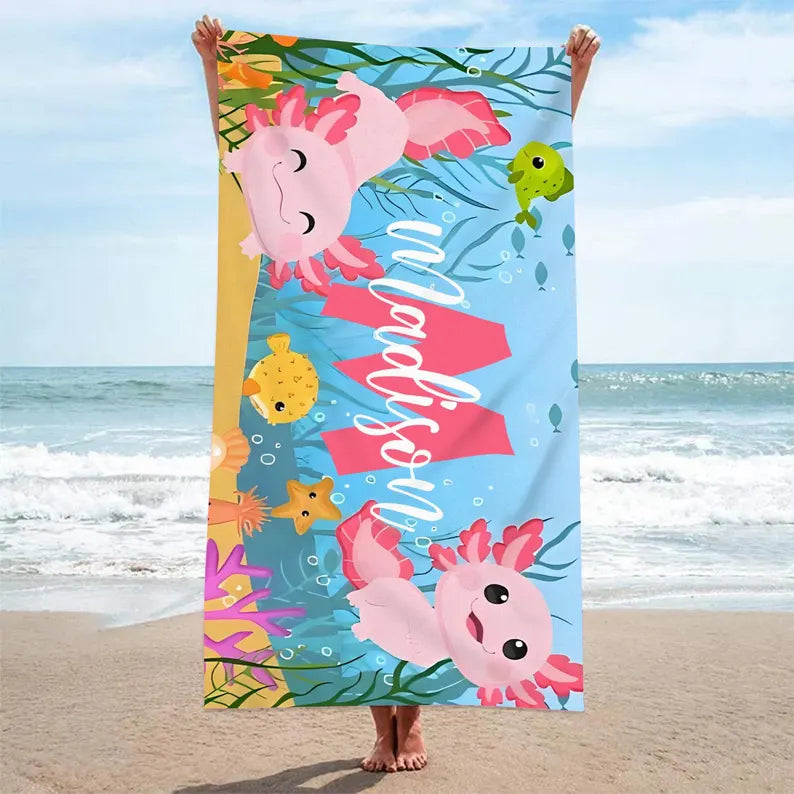 Personalized Beach Towel for Kids, Custom Initial Name Towel, Monogrammed Towel, Ocean Animal Pattern Kids Beach Towel, Vacation Kid Gifts