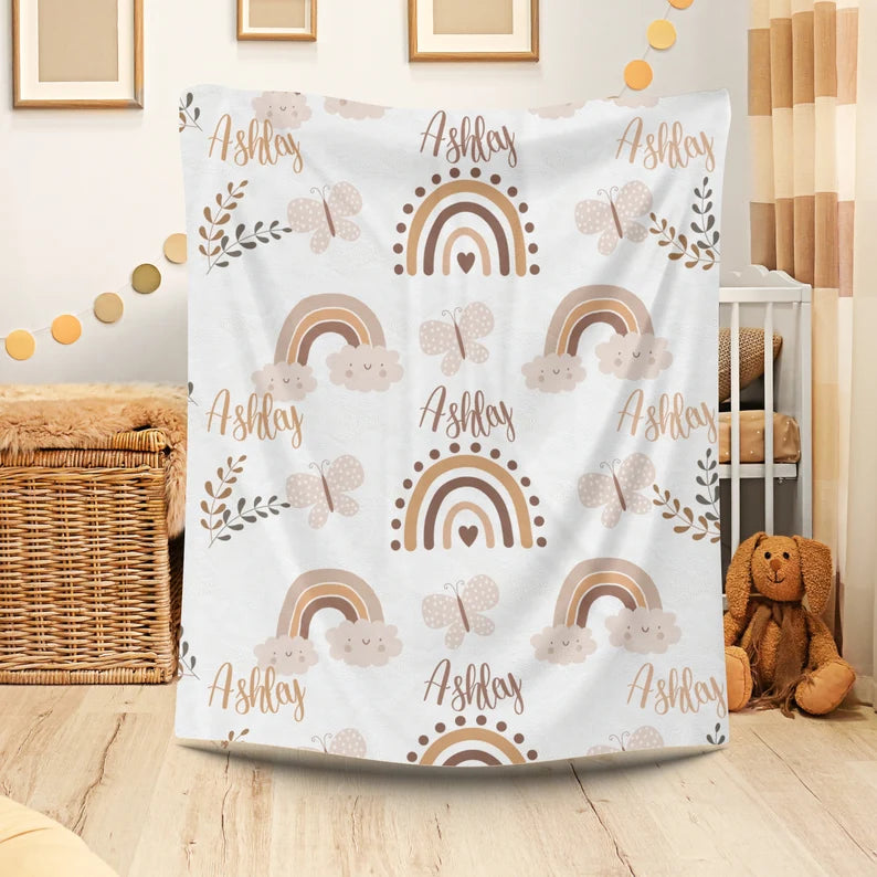 Personalized Boho Rainbow Baby Blanket: Custom Name Blanket