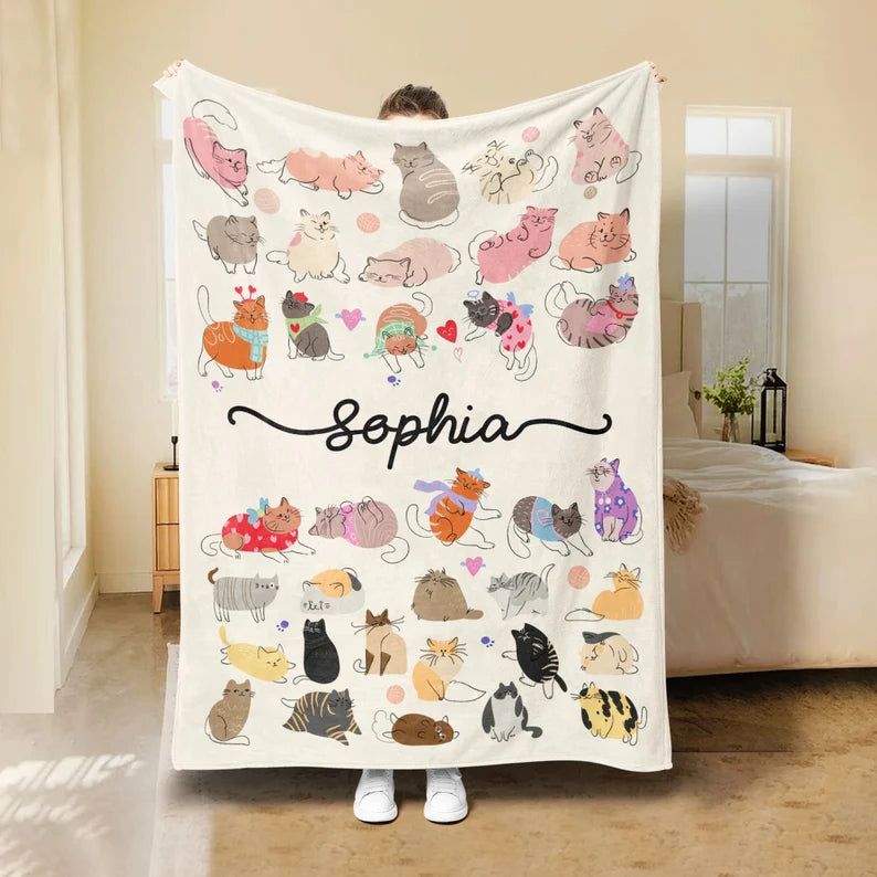 Personalized Cat Blanket, Cute Cats Blanket, Custom Name Soft Cozy Sherpa Fleece Throw Blankets, Gift For Cat Lover, Cat Mom, Cat