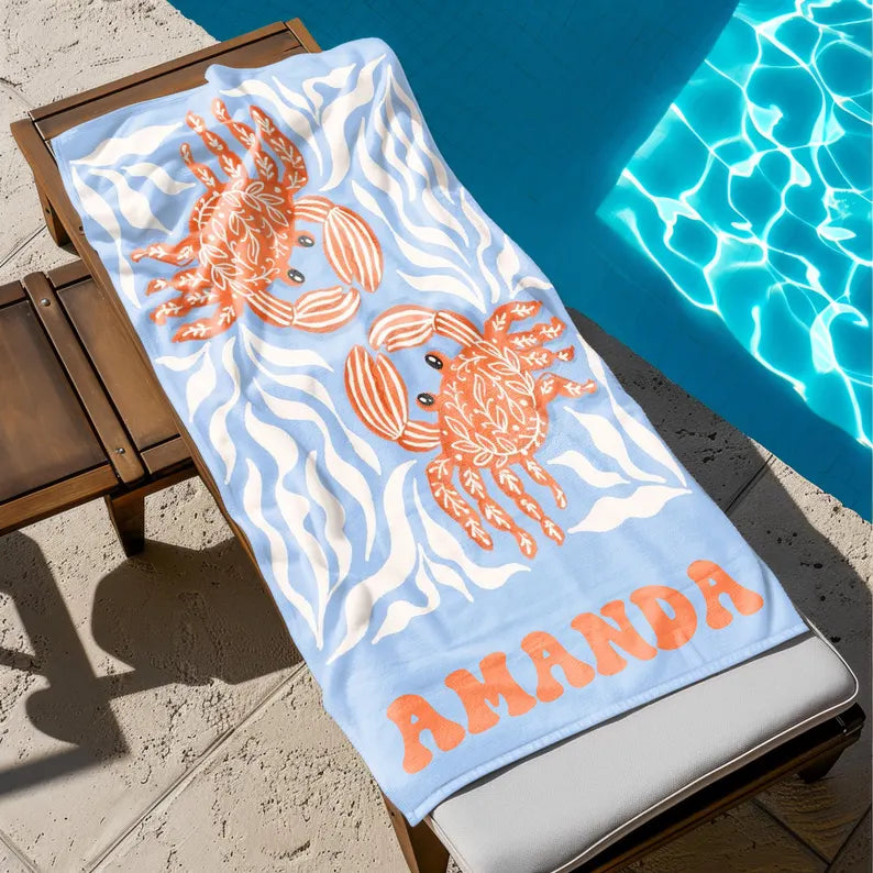 Personalized Crab Beach Towel, Seahorse/Fish/Dolphin Name Towel for Child, Girls Boys Pool Towel, Kids Xmas Gift, Beach Party Essentials