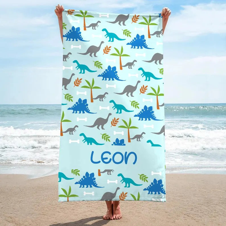 Personalized Dinosaur Beach Towel for Kid, Dinosaur Adventure Towel, Customizable Name Towel, Personalised Towel Dinosaur, Dinosaur Towel
