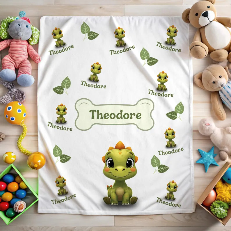 Personalized Dinosaur Kids Blanket – Custom Name Fleece Throw – Cute Green Dino Baby Shower Gift – Cosy Bedding for Boys & Girls.
