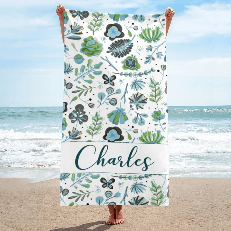 Personalized Floral Beach Towel: Custom Name Microfiber Travel Towel
