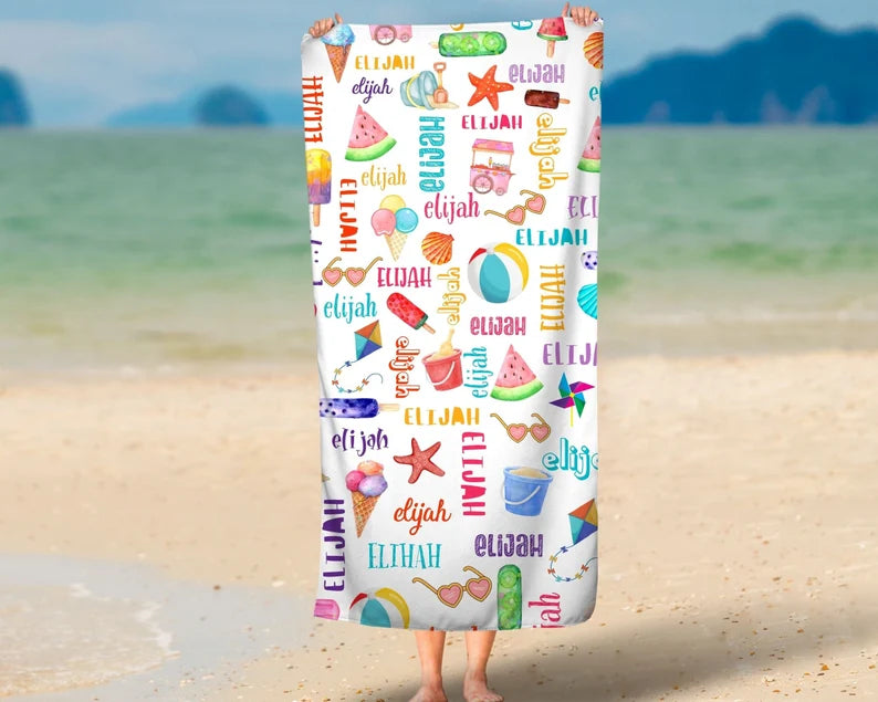 Personalized Ice Cream Beach Towel: Summer Vacation Kids Name Pool Towel