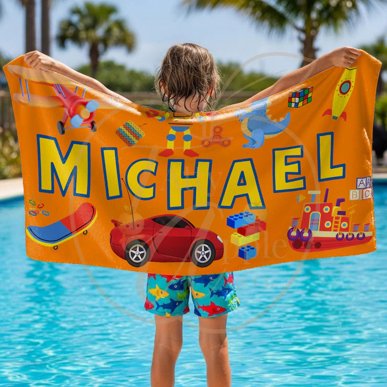 Personalized Kids Beach Towel Playful Fun Theme, Custom Name Gift