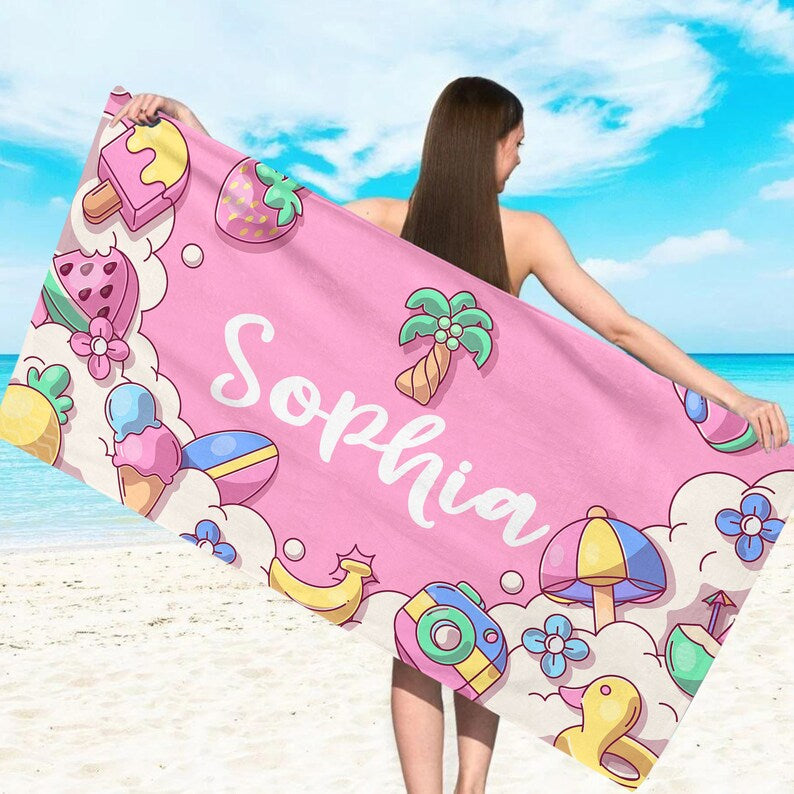 Personalized Kids Beach Towel,Summer Birthday Gift For Kids,Summer Vibes,Girls Beach Trip,Custom Beach Towel,Swimming Pool,Beach Decor