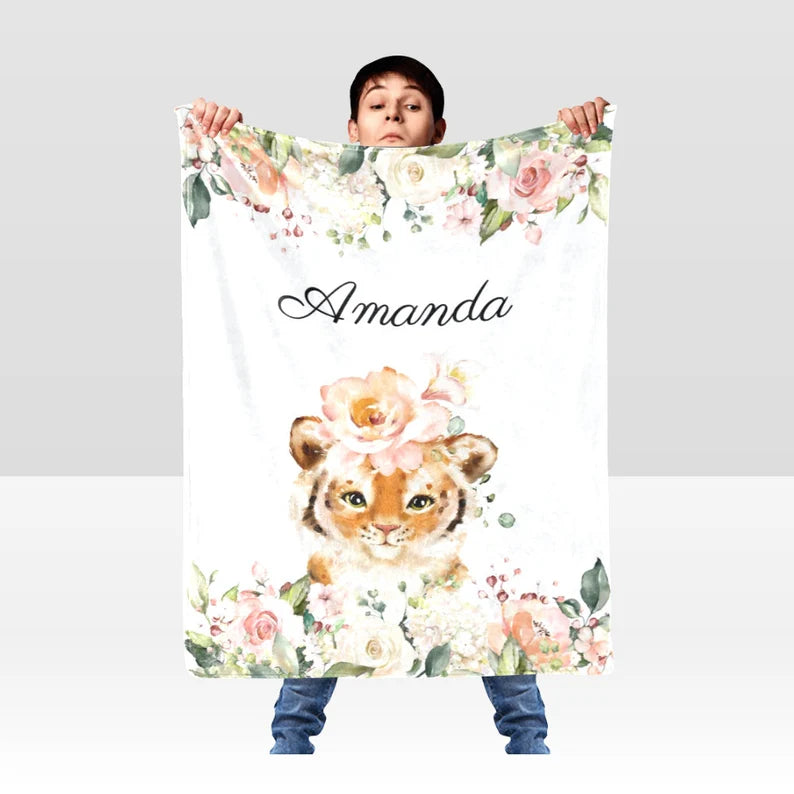 Personalized Kids Blanket: Soft Flannel tiger Throw, Custom Name Gift