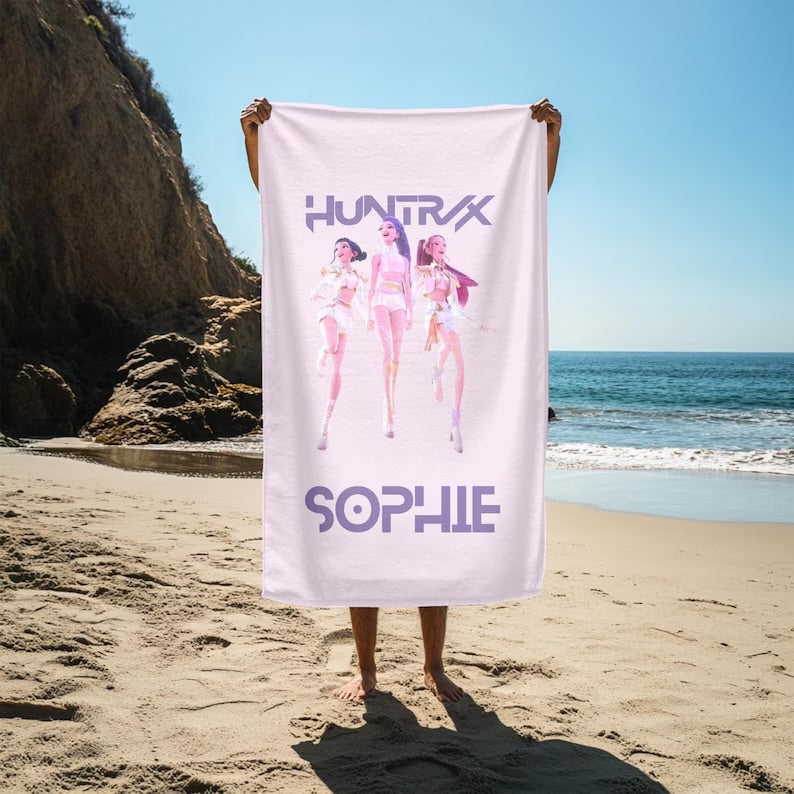 Personalized Kpop Huntrix Grils Beach Towels,Cute Anime Art with Name Bath Towel,Kpop Demon Hunters Beach Towels for Kids,Anime Girl Towels