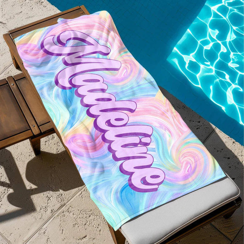 Personalized Name rainbow Beach Towel, Oversized Custom Monogram Pool Towel, Signature Beach Towel For Kids, Vacation Gift, Picnic Towel