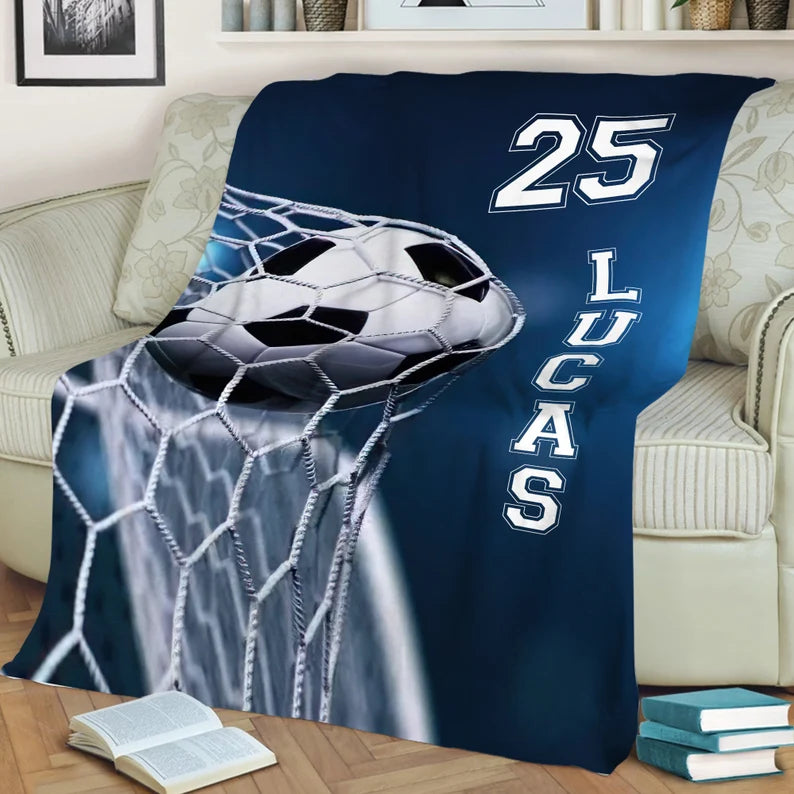 Personalized Soccer Blanket, Custom Name Number Soft Cozy Sherpa Fleece Throw Blankets, Sport Gift for Dad, Husband, Son, Kid, Team