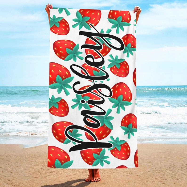 Personalized Strawberry Beach Towel, Summer Birthday Gift For Her Sister Daughter, Kids Pool Party Towel, Granddaughter Gift, Beach Birthday