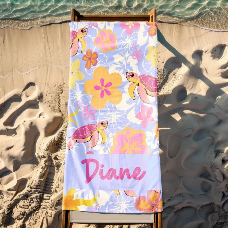 Personalized Turtle Flower Beach Towel, Oversized Custom Monogram Pool Towel, Beach Towels For Kids/Adult, Outside Birthday Vacation Gift