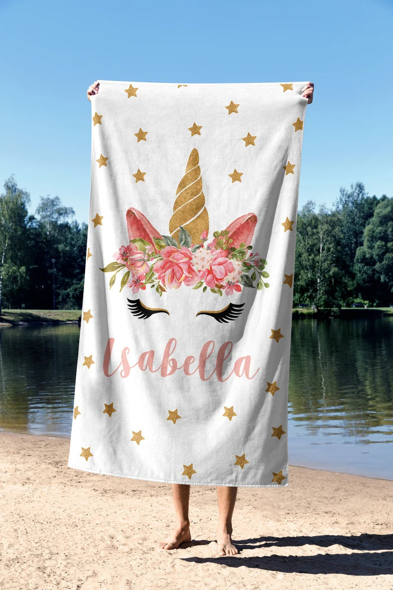 Personalized unicorn beach towel, cute unicorn beach towel, custom unicorn beach towel, custom beach towel for kids, beach towel