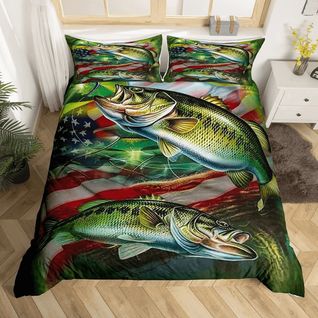 Teen boys fishing themed bedroom bedding