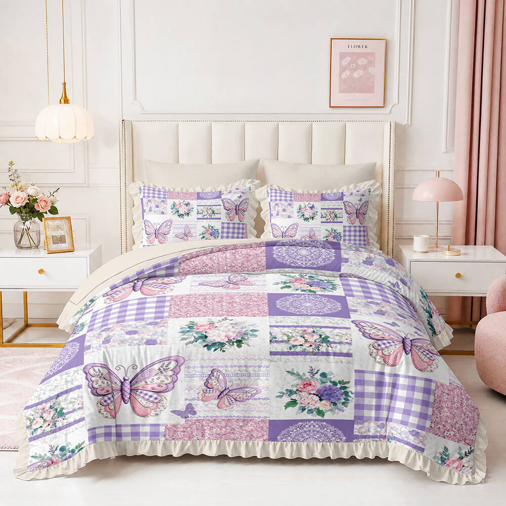 Floral butterfly bedding set with pink bow heart design
