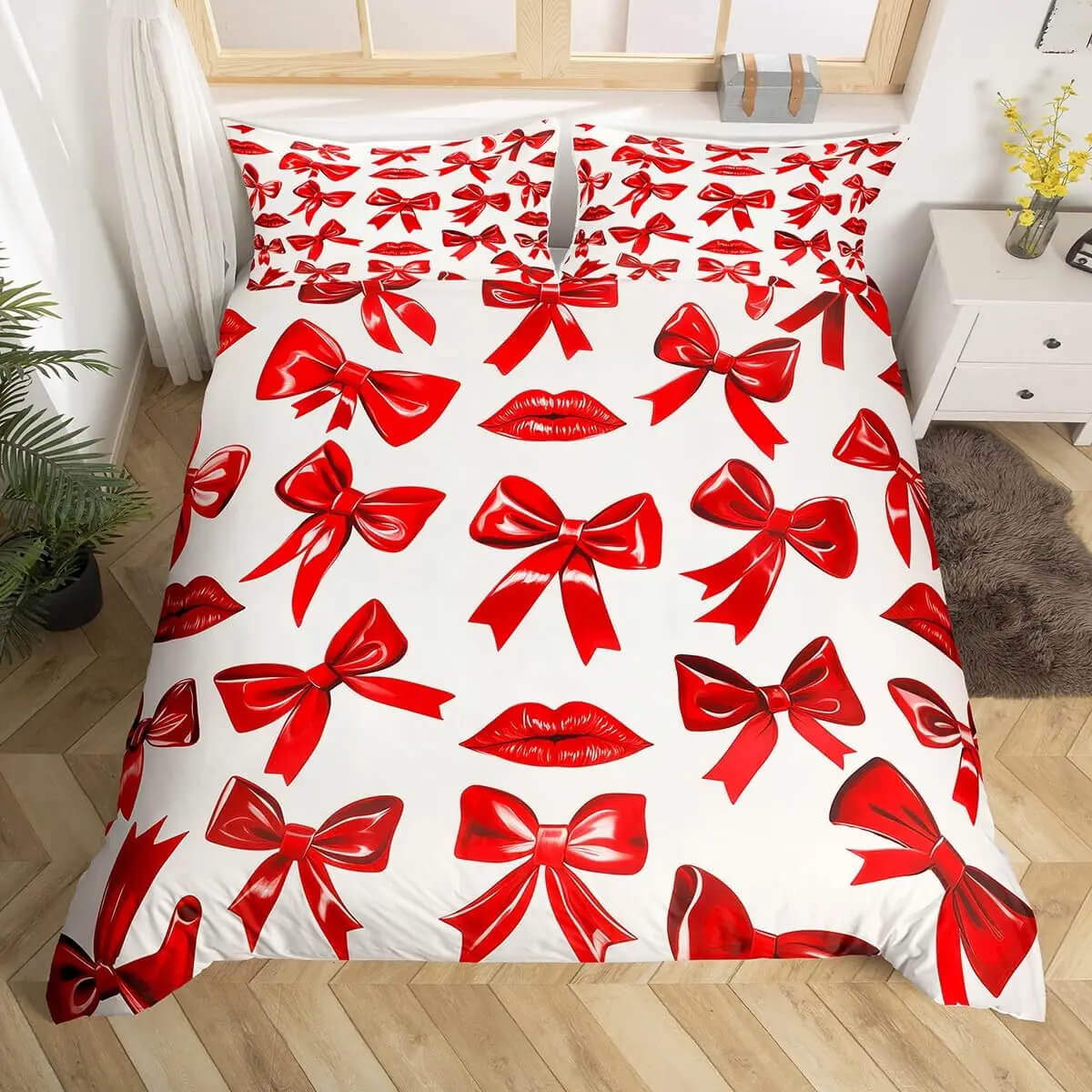 Cute Red Bowknot Bedspread Fairy-Tale Bedroom Decor