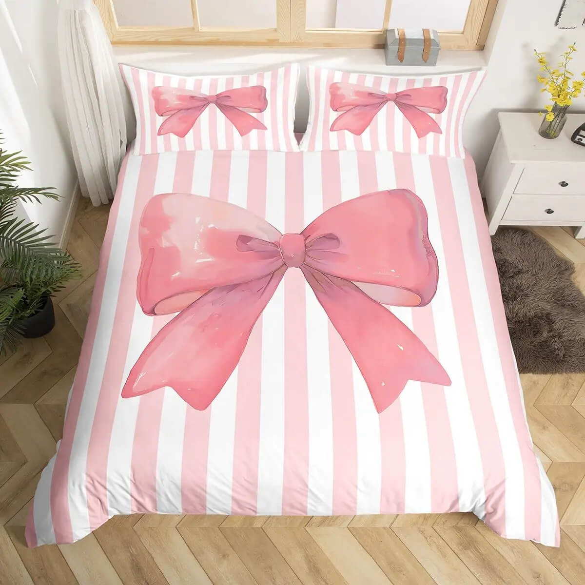 Soft Pink Bowknot Comforter Cover Queen King Bed Set